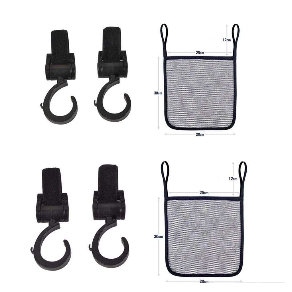 Pram & Stroller Hooks (Set of 4) with 2 Mesh Hanging Bags - Carobelas